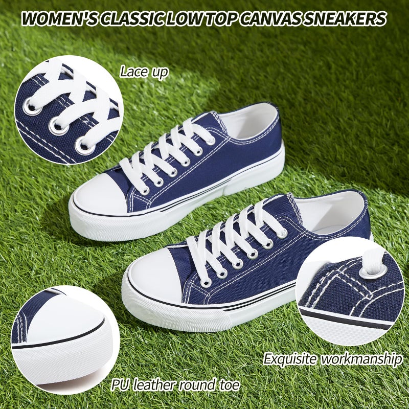 Adokoo Canvas Tennis Shoes For Women Low Top Casual White Navy Sneakers For Women Lace Up Fashion Comfortable Walking Shoes (Navy 10) - Image 3