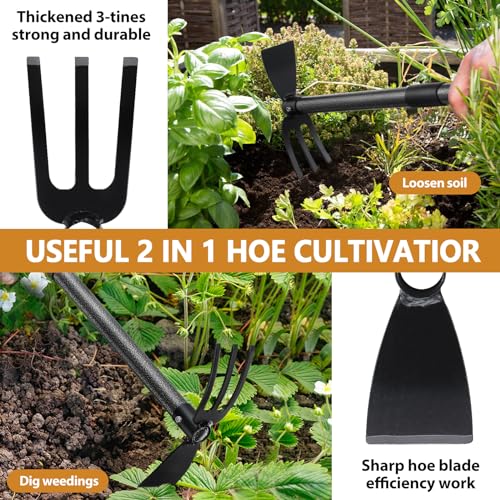 PoPoHoser Garden Hoe Tool, 2-in-1 Heavy Duty Dual-Head Weeding Tool, 45" Adjustable Long Handle Cultivator for Weeding, Tilling, Lawn Yard Flower Bed Gardening Tool - Image 2