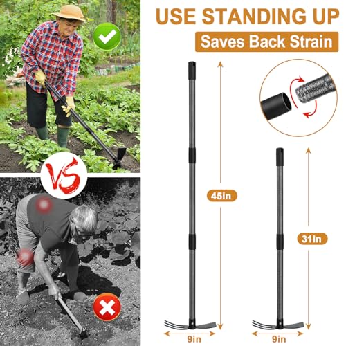 PoPoHoser Garden Hoe Tool, 2-in-1 Heavy Duty Dual-Head Weeding Tool, 45" Adjustable Long Handle Cultivator for Weeding, Tilling, Lawn Yard Flower Bed Gardening Tool - Image 4
