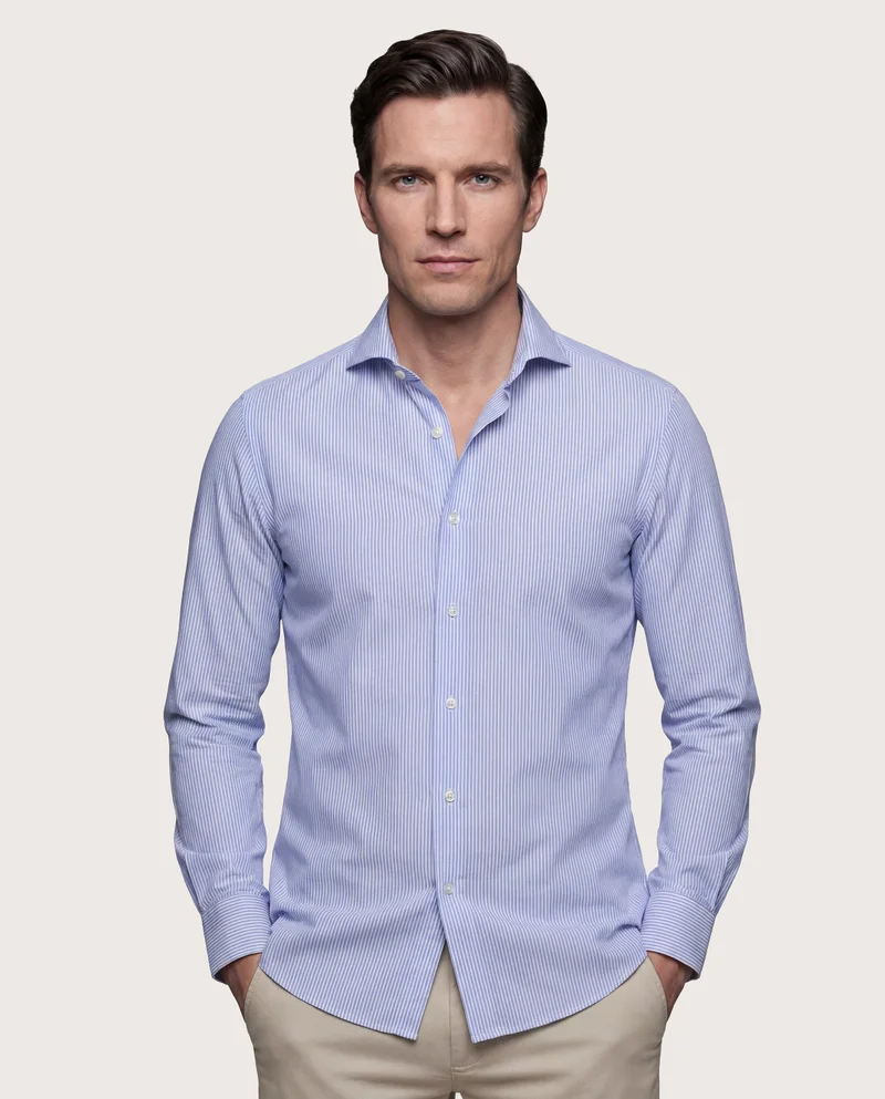 كاميتشسما Trendy Light Blue Striped Seersucker Extra Slim Shaped Shirt