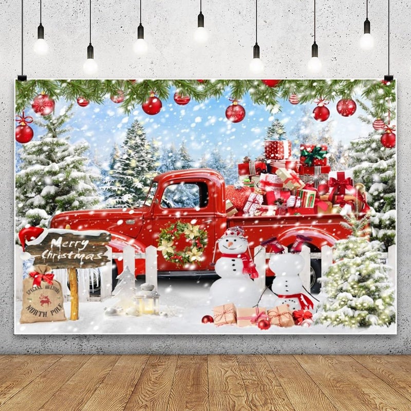 Leowefowa 10x8ft Christmas Red Truck Backdrop Winter Snowman Forest Background Merry Christmas Red Truck Xmas Tree Gift Baby Festival Holiday Family Decor Party Banner Photo Supplies Prop - Image 1