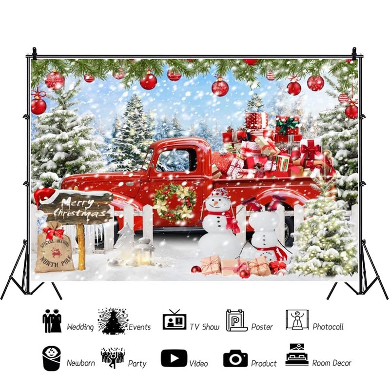 Leowefowa 10x8ft Christmas Red Truck Backdrop Winter Snowman Forest Background Merry Christmas Red Truck Xmas Tree Gift Baby Festival Holiday Family Decor Party Banner Photo Supplies Prop - Image 5
