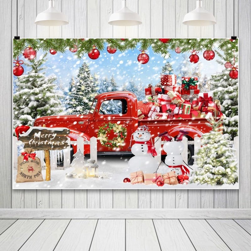 Leowefowa 10x8ft Christmas Red Truck Backdrop Winter Snowman Forest Background Merry Christmas Red Truck Xmas Tree Gift Baby Festival Holiday Family Decor Party Banner Photo Supplies Prop - Image 2