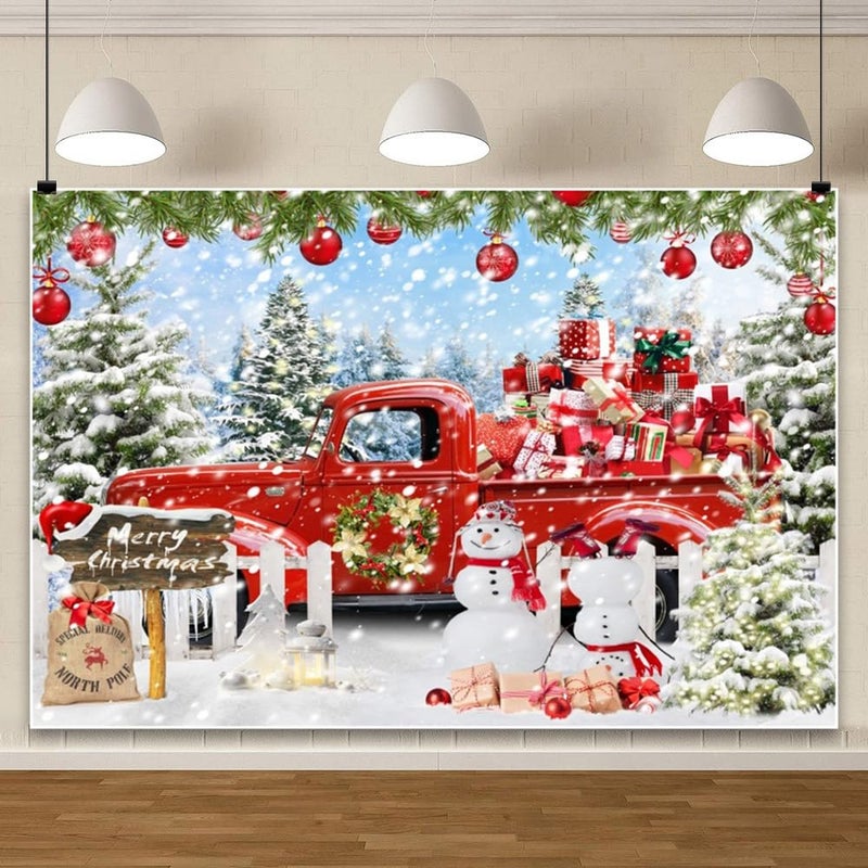 Leowefowa 10x8ft Christmas Red Truck Backdrop Winter Snowman Forest Background Merry Christmas Red Truck Xmas Tree Gift Baby Festival Holiday Family Decor Party Banner Photo Supplies Prop - Image 3
