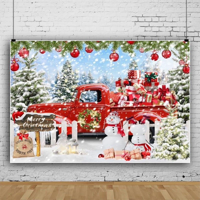 Leowefowa 10x8ft Christmas Red Truck Backdrop Winter Snowman Forest Background Merry Christmas Red Truck Xmas Tree Gift Baby Festival Holiday Family Decor Party Banner Photo Supplies Prop - Image 4