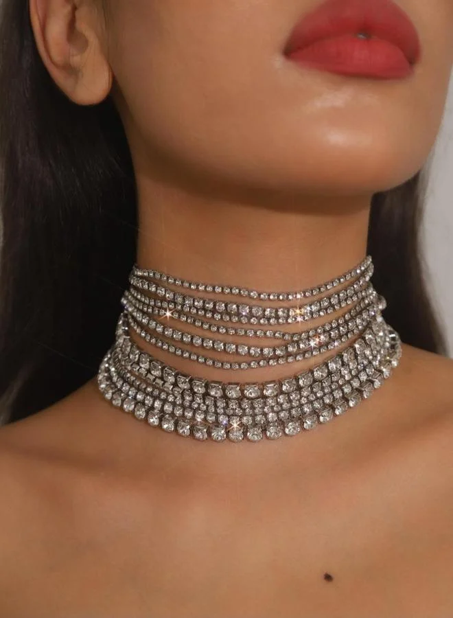 تايك تو قلادة تشوكر فضية كريستالية بطبقات