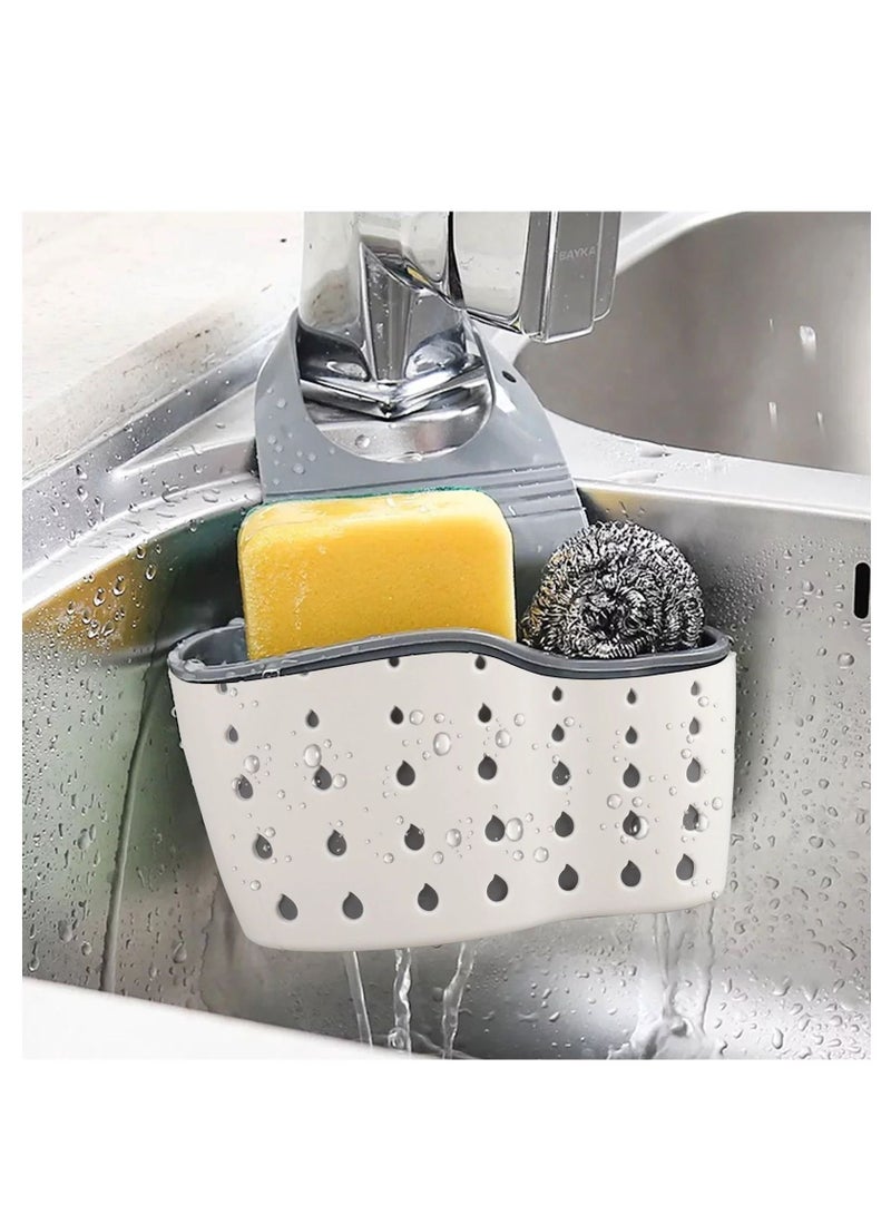 Kitchen Sink Caddy Shelf Soap Sponge Drain Rack Holder Double Decker Hanging Basket Storage Suction Cup Beige - Image 1