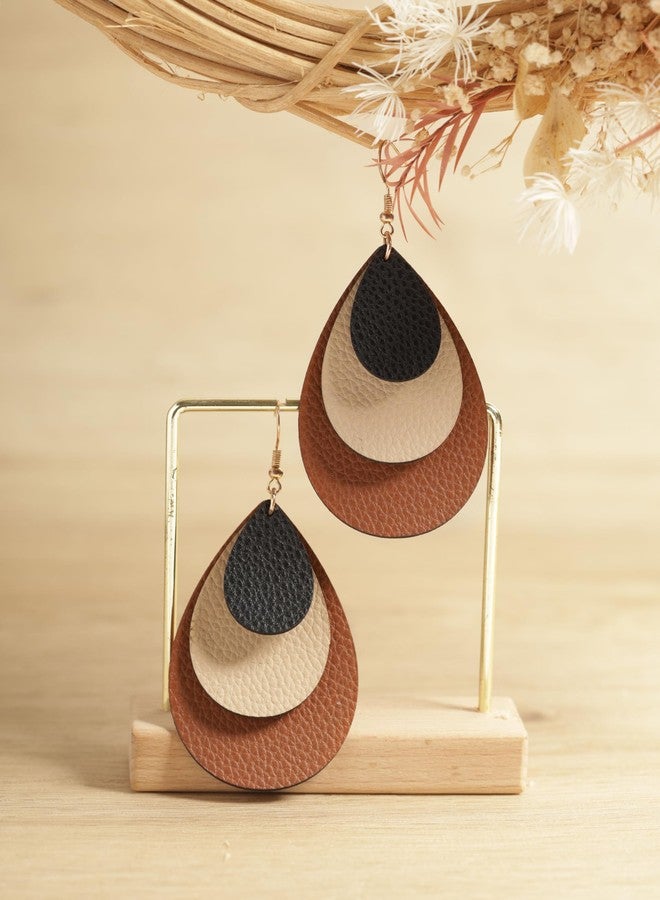 MINACHI Boho Chic Leather Triple Layer Teardrop Waterdrop Dangle Earrings, Vintage Bohemian Hippie Statement Jewelry Gift for Women (2) - Image 2