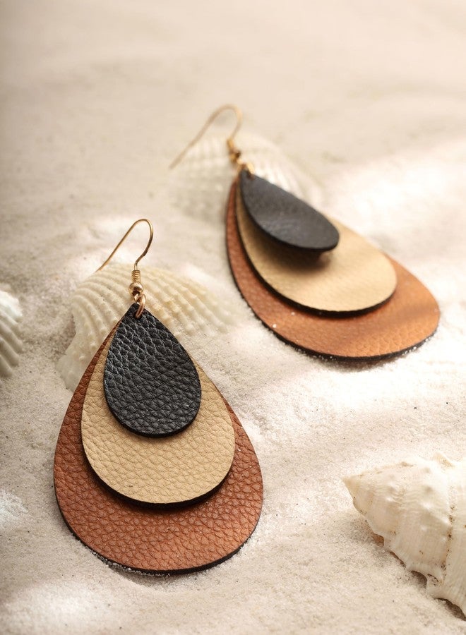 MINACHI Boho Chic Leather Triple Layer Teardrop Waterdrop Dangle Earrings, Vintage Bohemian Hippie Statement Jewelry Gift for Women (2) - Image 4