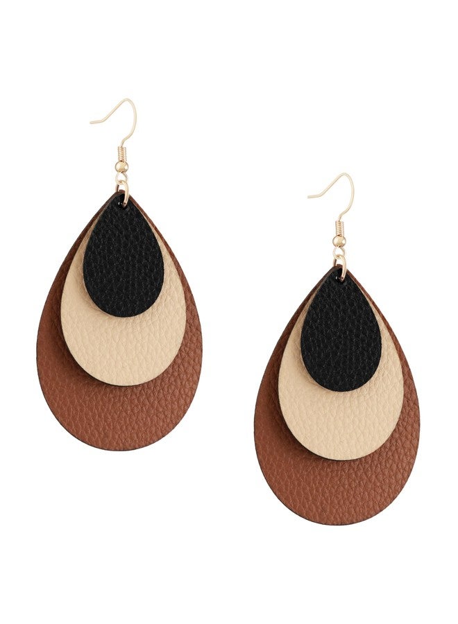 MINACHI Boho Chic Leather Triple Layer Teardrop Waterdrop Dangle Earrings, Vintage Bohemian Hippie Statement Jewelry Gift for Women (2) - Image 1