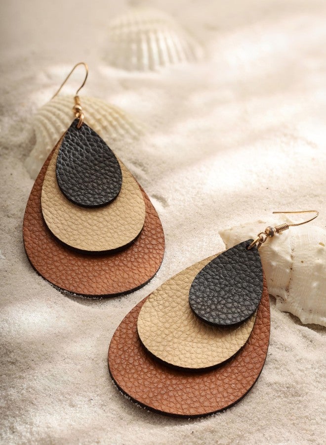 MINACHI Boho Chic Leather Triple Layer Teardrop Waterdrop Dangle Earrings, Vintage Bohemian Hippie Statement Jewelry Gift for Women (2) - Image 3