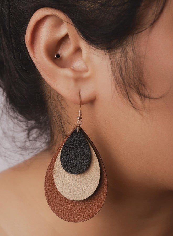 MINACHI Boho Chic Leather Triple Layer Teardrop Waterdrop Dangle Earrings, Vintage Bohemian Hippie Statement Jewelry Gift for Women (2) - Image 5