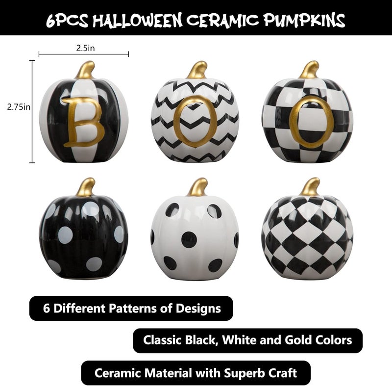 DAZONGE Halloween Decorations Indoor - Set of 6 Ceramic Halloween Pumpkin Decor - Assorted Black and White Boo Pumpkins for Fall Autumn Home Decor - Image 3