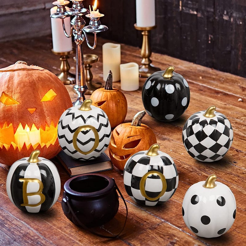 DAZONGE Halloween Decorations Indoor - Set of 6 Ceramic Halloween Pumpkin Decor - Assorted Black and White Boo Pumpkins for Fall Autumn Home Decor - Image 4
