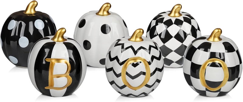 DAZONGE Halloween Decorations Indoor - Set of 6 Ceramic Halloween Pumpkin Decor - Assorted Black and White Boo Pumpkins for Fall Autumn Home Decor - Image 1