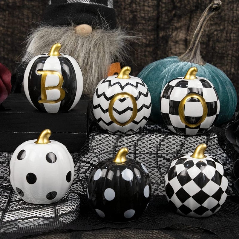 DAZONGE Halloween Decorations Indoor - Set of 6 Ceramic Halloween Pumpkin Decor - Assorted Black and White Boo Pumpkins for Fall Autumn Home Decor - Image 2