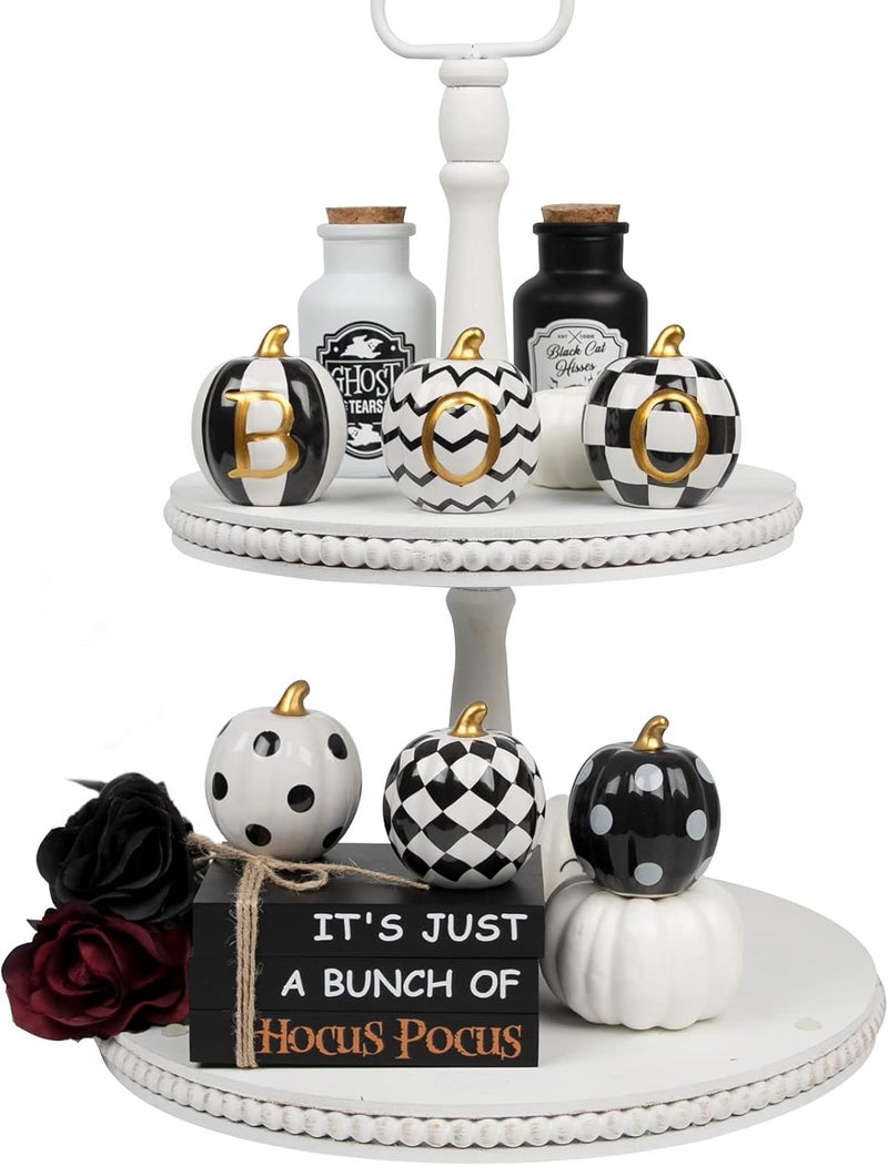 DAZONGE Halloween Decorations Indoor - Set of 6 Ceramic Halloween Pumpkin Decor - Assorted Black and White Boo Pumpkins for Fall Autumn Home Decor - Image 5