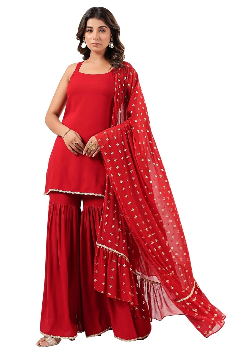 Janasya Women's Red Rayon Embellished Straight Kurti With Sharara & Dupatta Set - Image 1