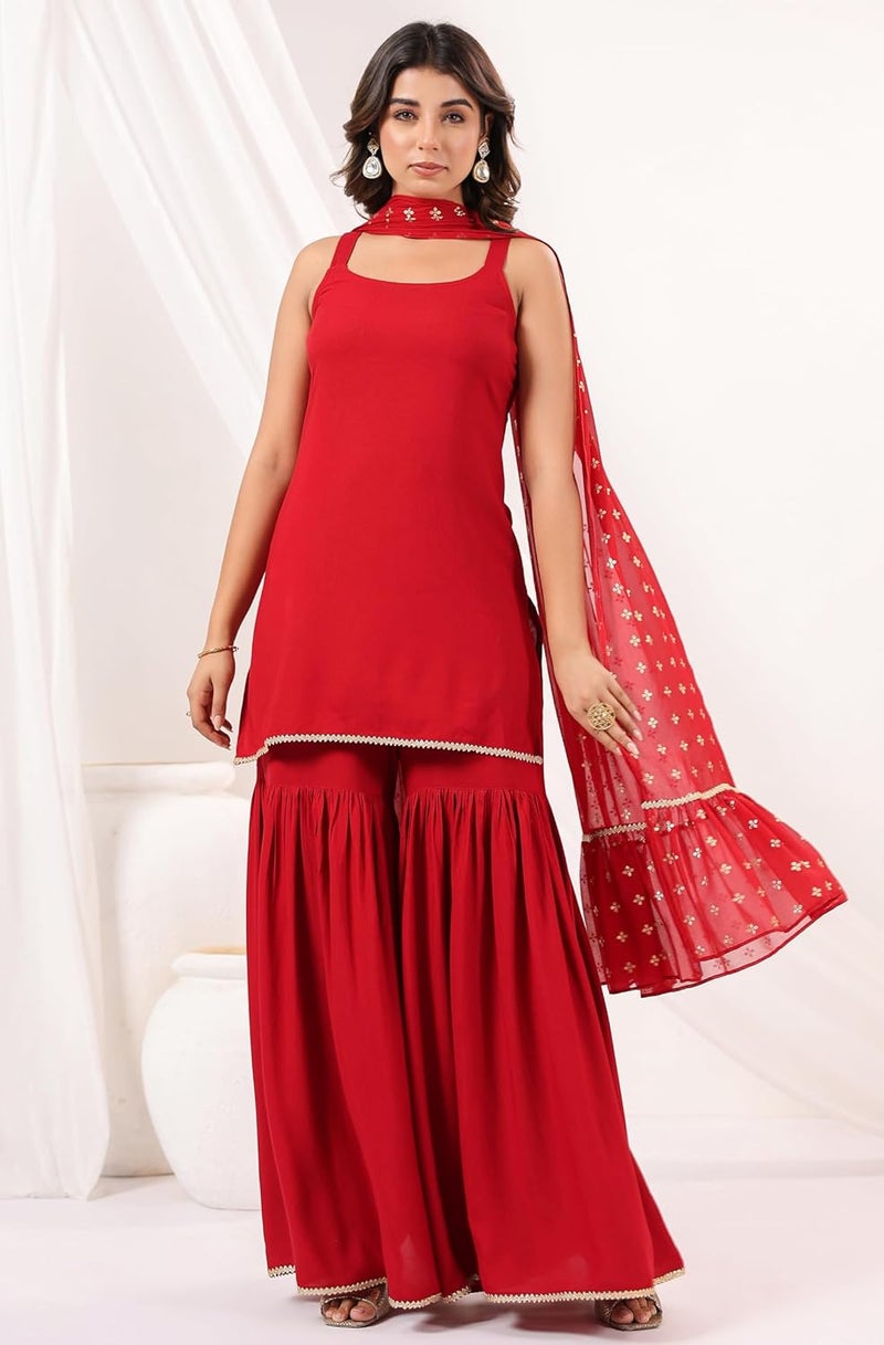 Janasya Women's Red Rayon Embellished Straight Kurti With Sharara & Dupatta Set - Image 5