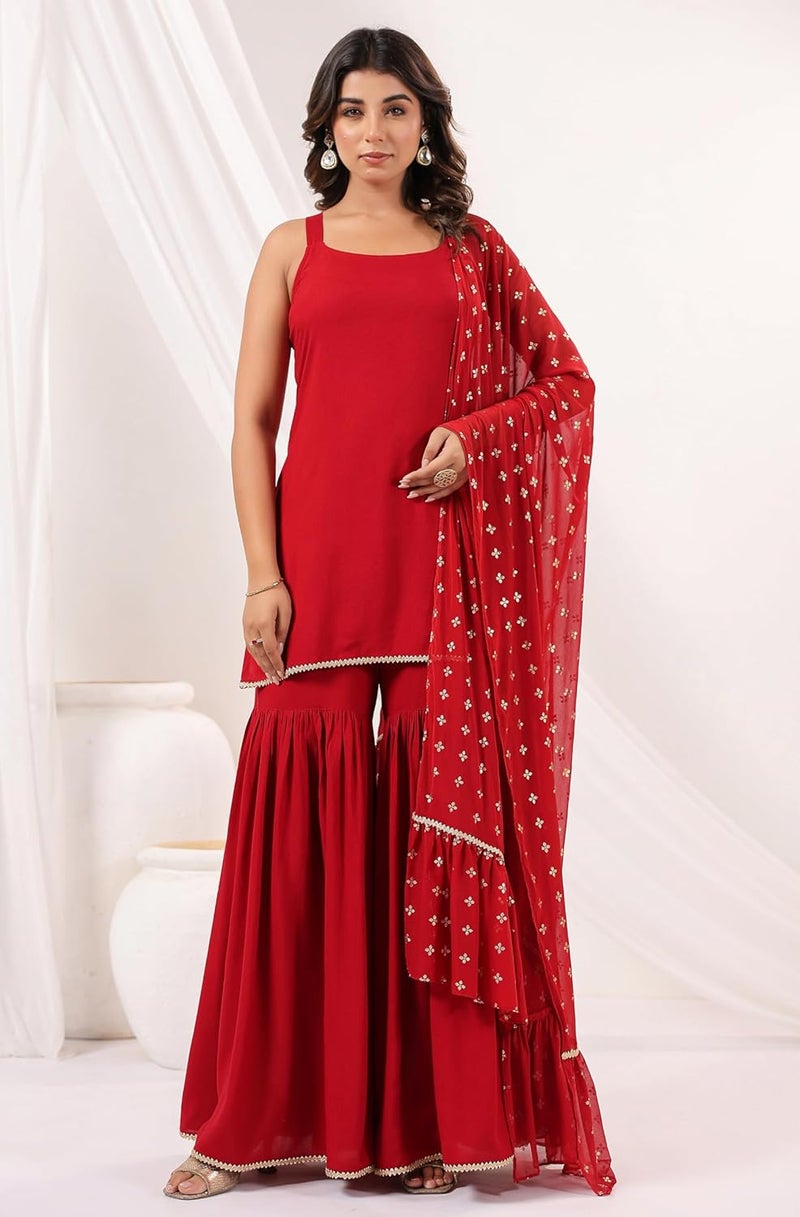 Janasya Women's Red Rayon Embellished Straight Kurti With Sharara & Dupatta Set - Image 3