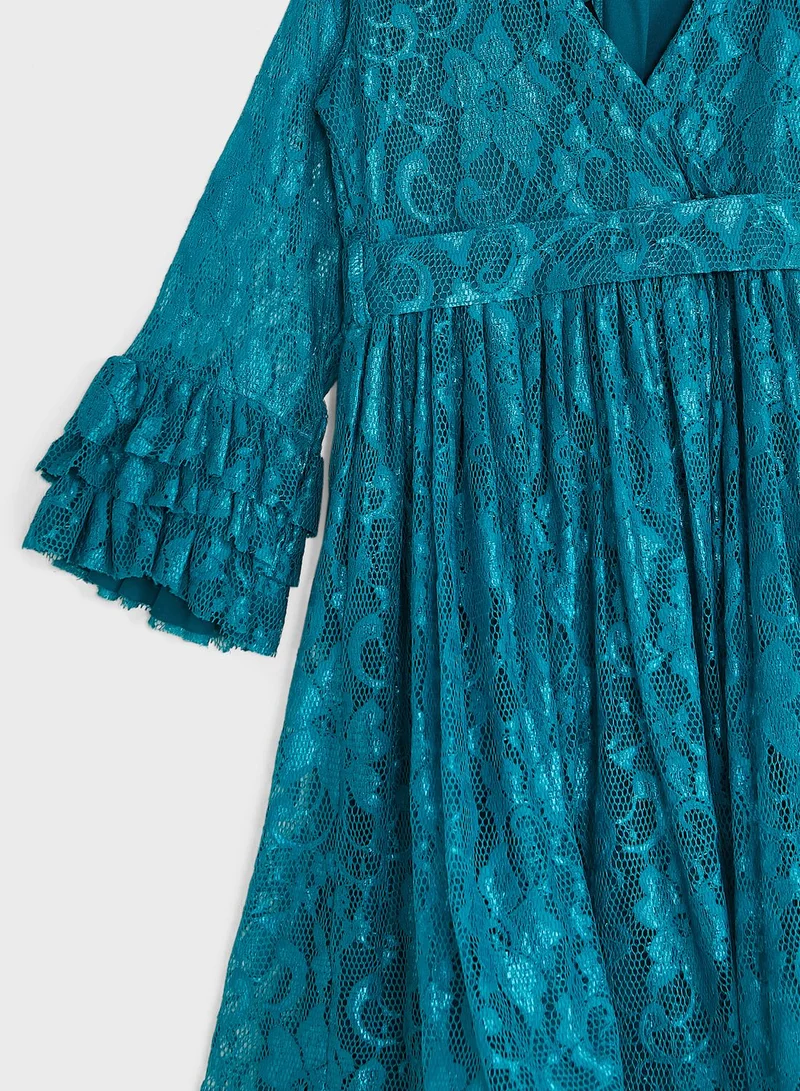 Little Golden Apple Kids Little Solid Lace V neck Dress