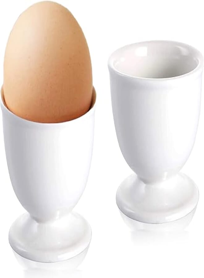 RHAFAYRE Porcelain Egg Cups, Set of 2 Egg Holders for Boiled Eggs, Ceramic Egg Cups for Soft and Hard Boiled Eggs for Breakfast Dinner, Easy to Clean, White