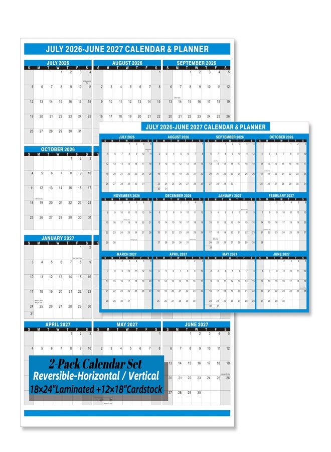 YvnShine 2026-2027 Academic Calendar 2 Pack Set -18x24" Laminated and 12x18" Cardstock, 12 Month July 2026 to June 2027, Reversible Vertical/Horizontal, for Office, Home, School - Image 1