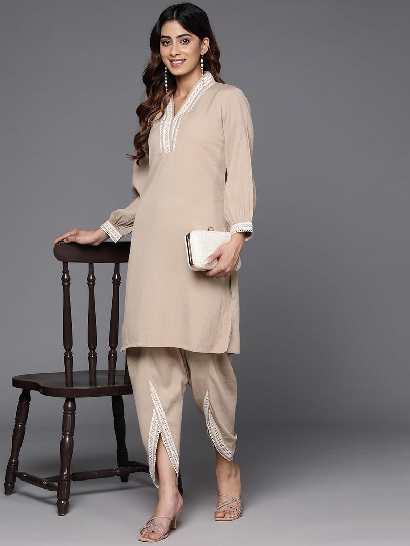 Varanga Women Beige Cotton Lace Detailed Co-Ord Sets - Image 5