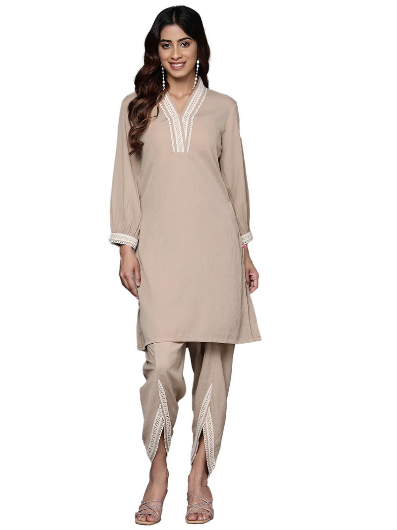 Varanga Women Beige Cotton Lace Detailed Co-Ord Sets - Image 1