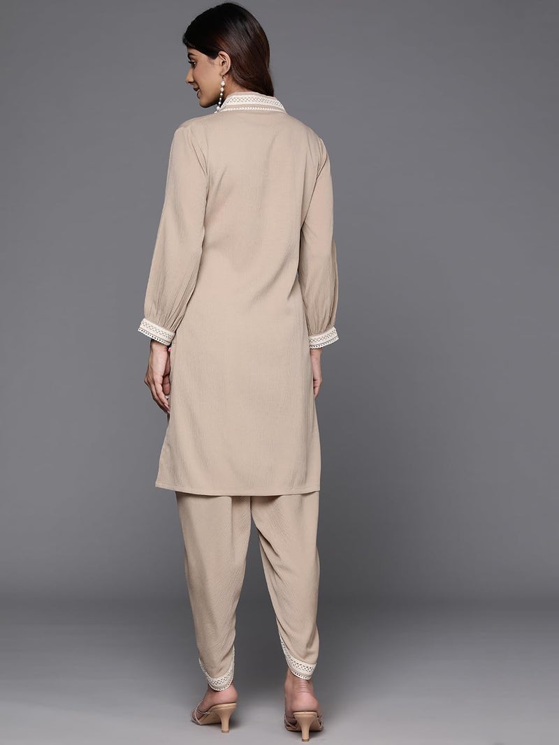 Varanga Women Beige Cotton Lace Detailed Co-Ord Sets - Image 3