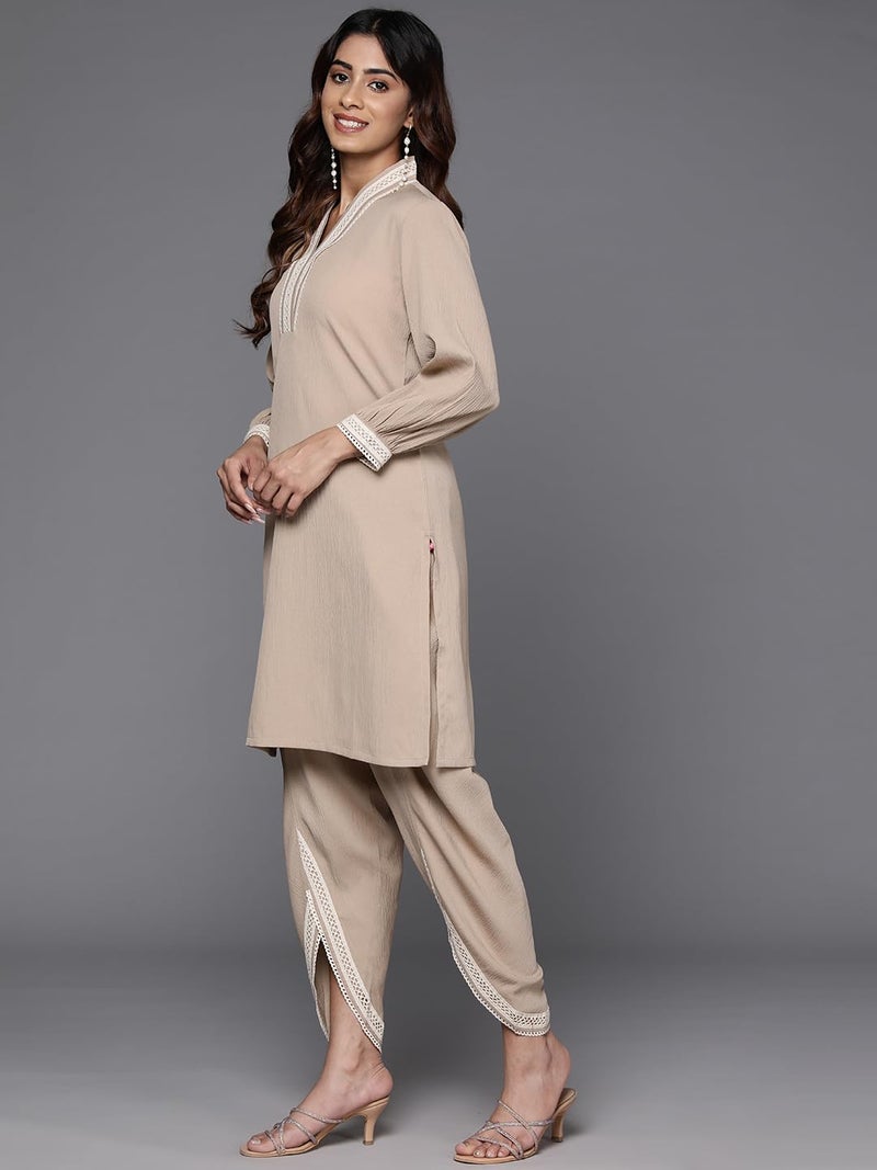 Varanga Women Beige Cotton Lace Detailed Co-Ord Sets - Image 2