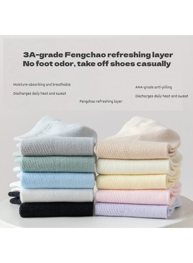 infino Women's breathable cotton mesh socks ultra-thin antibacterial deodorant sweat-absorbent cool boneless socks short socks light and comfortable suitable for spring and summer - 5 pairs black + white  - Image 2