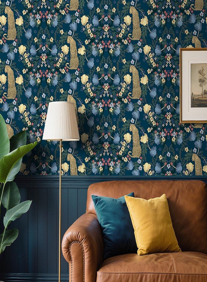 ReWallpaper ورق حائط ReWallpaper أزرق داكن بنقشة جلد الفهد، قابل للإزالة واللصق، مطبوع عليه رسومات نباتية عتيقة، مطبوع عليه رسومات حيوانات الغابة والفهد، ورق لاصق ذاتي اللصق، مناسب للخزائن والأرفف وغرف النوم وديكورات السلالم، مقاس 15.8 بوصة × 10 أقدام - Image 3