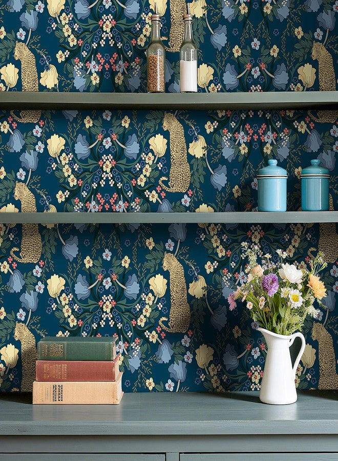 ReWallpaper ورق حائط ReWallpaper أزرق داكن بنقشة جلد الفهد، قابل للإزالة واللصق، مطبوع عليه رسومات نباتية عتيقة، مطبوع عليه رسومات حيوانات الغابة والفهد، ورق لاصق ذاتي اللصق، مناسب للخزائن والأرفف وغرف النوم وديكورات السلالم، مقاس 15.8 بوصة × 10 أقدام - Image 4