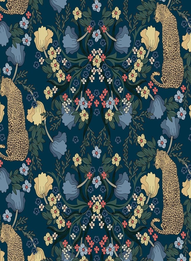 ReWallpaper ورق حائط ReWallpaper أزرق داكن بنقشة جلد الفهد، قابل للإزالة واللصق، مطبوع عليه رسومات نباتية عتيقة، مطبوع عليه رسومات حيوانات الغابة والفهد، ورق لاصق ذاتي اللصق، مناسب للخزائن والأرفف وغرف النوم وديكورات السلالم، مقاس 15.8 بوصة × 10 أقدام - Image 1