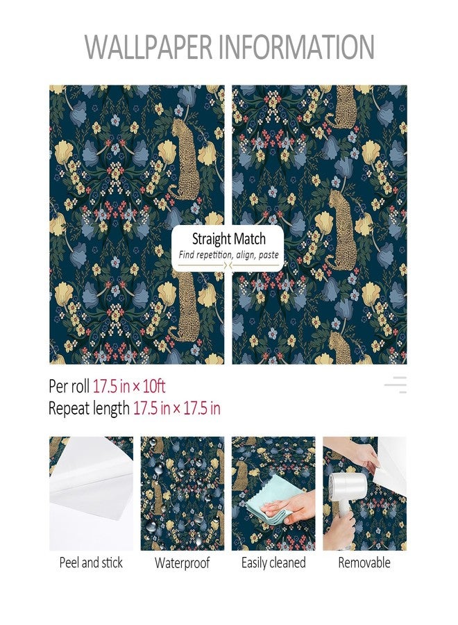ReWallpaper ورق حائط ReWallpaper أزرق داكن بنقشة جلد الفهد، قابل للإزالة واللصق، مطبوع عليه رسومات نباتية عتيقة، مطبوع عليه رسومات حيوانات الغابة والفهد، ورق لاصق ذاتي اللصق، مناسب للخزائن والأرفف وغرف النوم وديكورات السلالم، مقاس 15.8 بوصة × 10 أقدام - Image 5