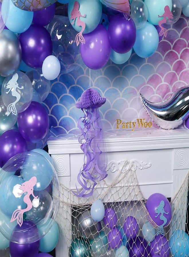 PartyWoo Mermaid Balloons Garland Kit, 180pcs Mermaid Backdrop, Mermaid Tail Balloons, Mermaid Stickers, Paper Jellyfish, Giant Bobo Balloons, Green Silver Purple Metallic Balloons, Blue Mint Balloons - Image 3