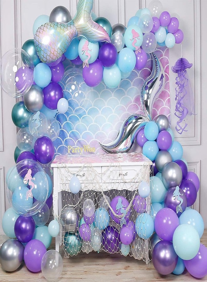 PartyWoo Mermaid Balloons Garland Kit, 180pcs Mermaid Backdrop, Mermaid Tail Balloons, Mermaid Stickers, Paper Jellyfish, Giant Bobo Balloons, Green Silver Purple Metallic Balloons, Blue Mint Balloons - Image 1