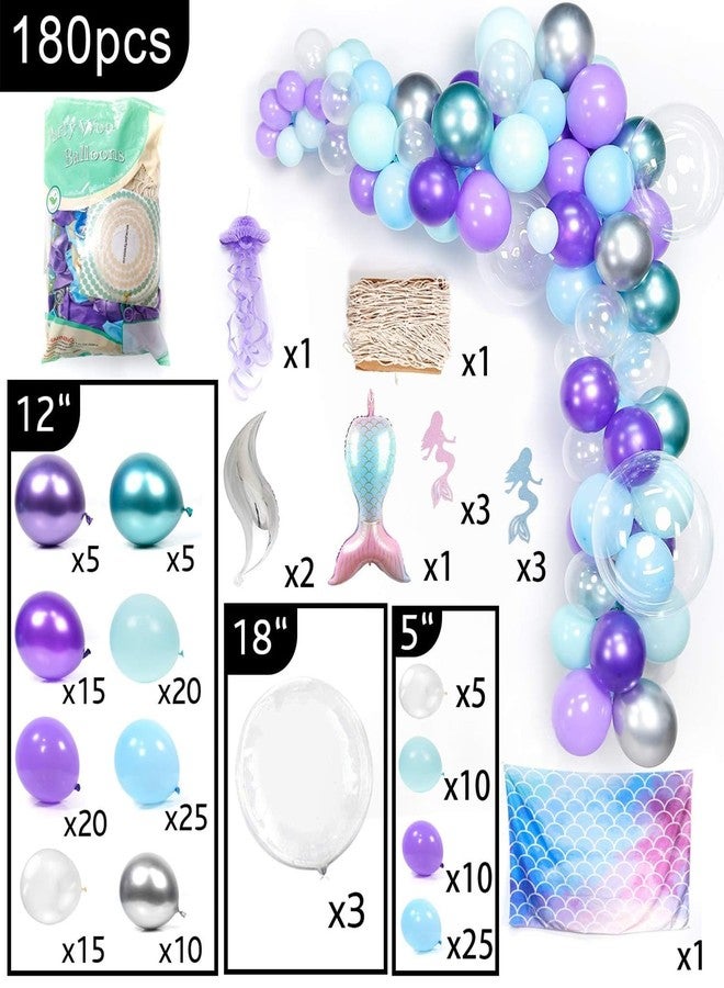 PartyWoo Mermaid Balloons Garland Kit, 180pcs Mermaid Backdrop, Mermaid Tail Balloons, Mermaid Stickers, Paper Jellyfish, Giant Bobo Balloons, Green Silver Purple Metallic Balloons, Blue Mint Balloons - Image 5