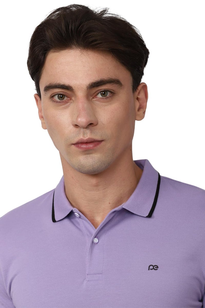 Peter England Men's Snug Fit Solid Polo T-Shirt with Coloured Collar Tipping| Cotton Rich| Premium Pique Weave Lilac, Small - Image 3
