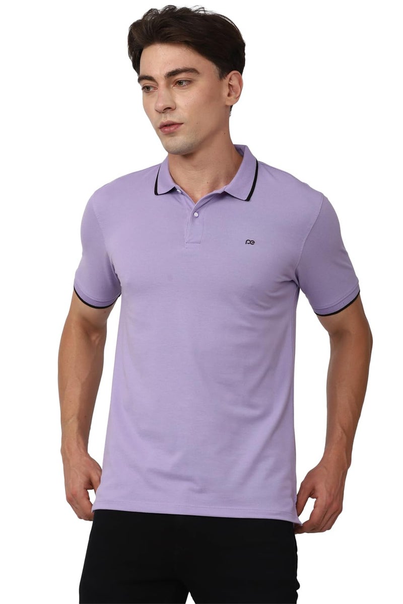 Peter England Men's Snug Fit Solid Polo T-Shirt with Coloured Collar Tipping| Cotton Rich| Premium Pique Weave Lilac, Small - Image 1