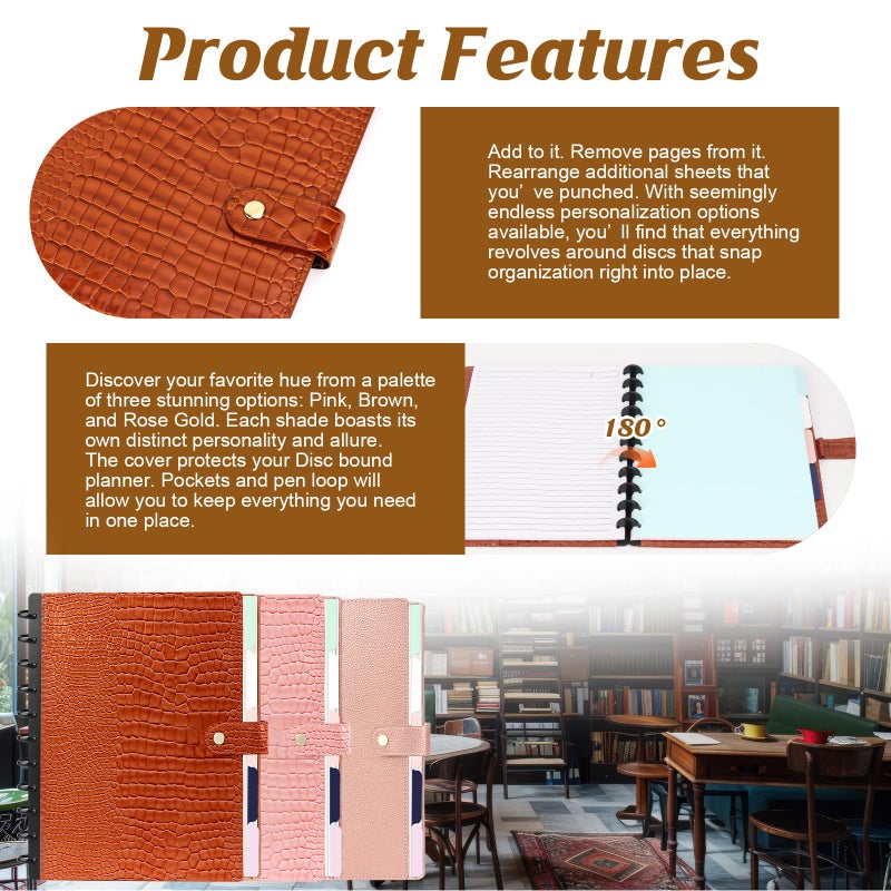 SKLENICE PU Leather Discbound Notebook 8.5" x 11" Disc Bound Planner Supplies With Discs 5 Tab Note Dividers & 60 Pages Wide Ruled Disc Planner for Work Travel Note Taking (Letter Size,Brown) - Image 4