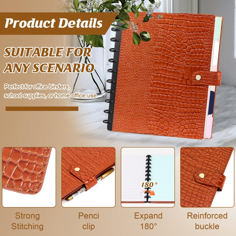 SKLENICE PU Leather Discbound Notebook 8.5" x 11" Disc Bound Planner Supplies With Discs 5 Tab Note Dividers & 60 Pages Wide Ruled Disc Planner for Work Travel Note Taking (Letter Size,Brown) - Image 3
