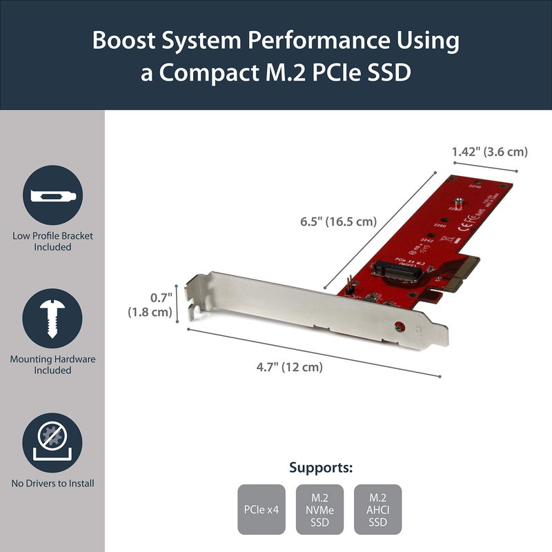 Startech.com StarTech.com M2 PCIe SSD Adapter - x4 PCIe 3.0 NVMe / AHCI / NGFF / M-Key - Low Profile and Full Profile - SSD PCIe M.2 Adapter (PEX4M2E1)  - Image 3