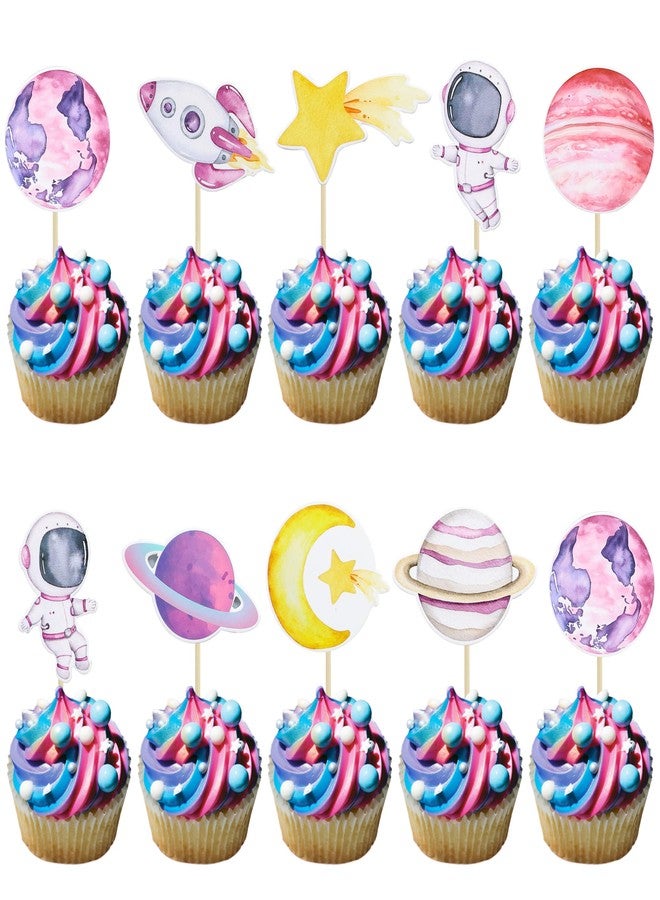 Ephlyn 36Pcs Space Astronaut Cupcake Toppers Space Girl Moon Star Rocket Planet Cupcake Toppers Earth Planet Cupcake Picks Space Theme Gender Reveal Birthday Shower Party Supplies Pink - Image 1