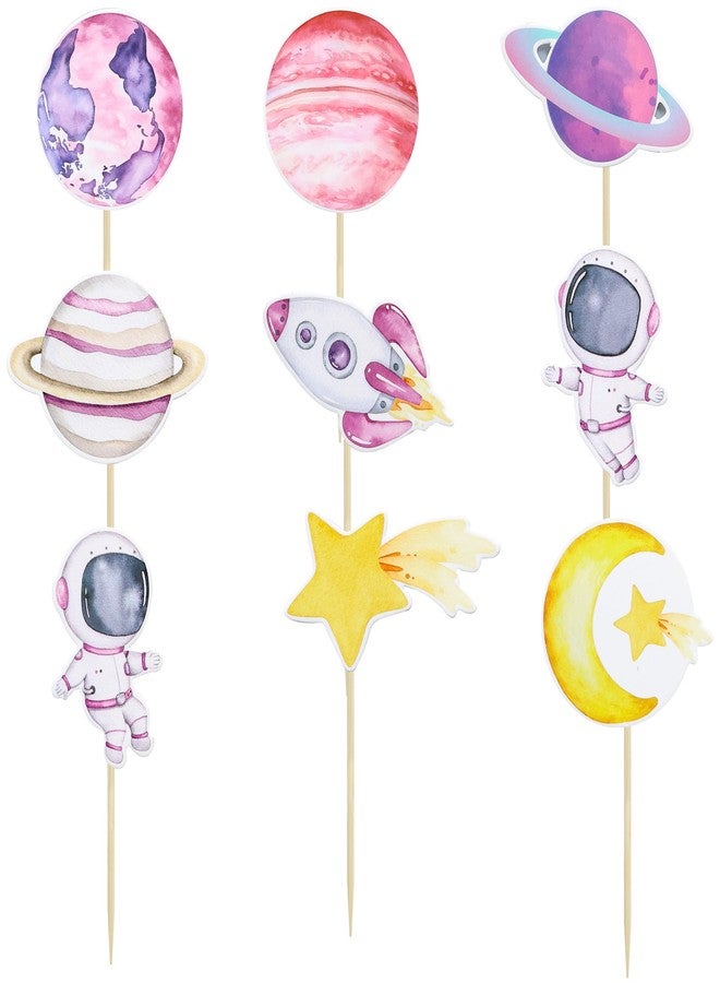 Ephlyn 36Pcs Space Astronaut Cupcake Toppers Space Girl Moon Star Rocket Planet Cupcake Toppers Earth Planet Cupcake Picks Space Theme Gender Reveal Birthday Shower Party Supplies Pink - Image 3