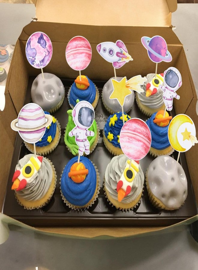 Ephlyn 36Pcs Space Astronaut Cupcake Toppers Space Girl Moon Star Rocket Planet Cupcake Toppers Earth Planet Cupcake Picks Space Theme Gender Reveal Birthday Shower Party Supplies Pink - Image 4