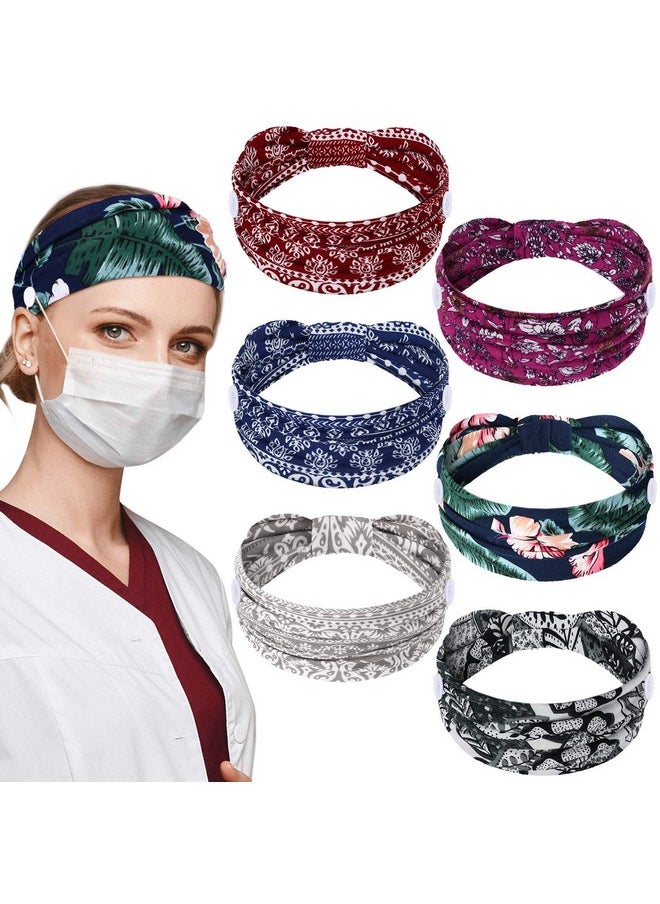WILLBOND 6 Pieces Nursing Headbands With Buttons For Nurses Doctor Women Boho Bandana Headbands Wide Stretch Head Wraps Elastic Hair Bands For Face Covering Holder Ear Protection (Colorful Pattern)  - Image 1