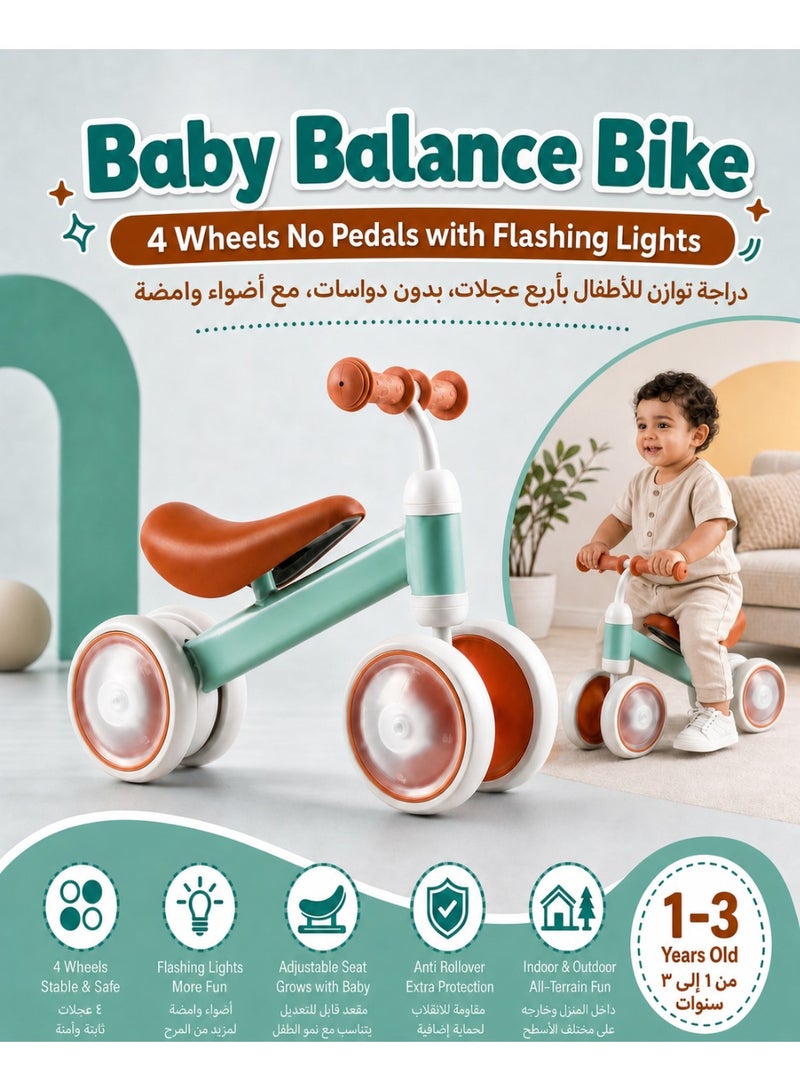 سيكل اطفال صغار دراجة توازن بـ 4 عجلات مضيئة LED بدون دواسات , دراجه اطفال سيارة ركوب آمنة ضد الانقلاب من عمر سنه الى 3 سنوات للأولاد والبنات , سيكل اطفال دراجة توازن للاطفال مقعد قابل للتعديل هدية عيد ميلاد داخلي وخارجي أخضر - Image 1