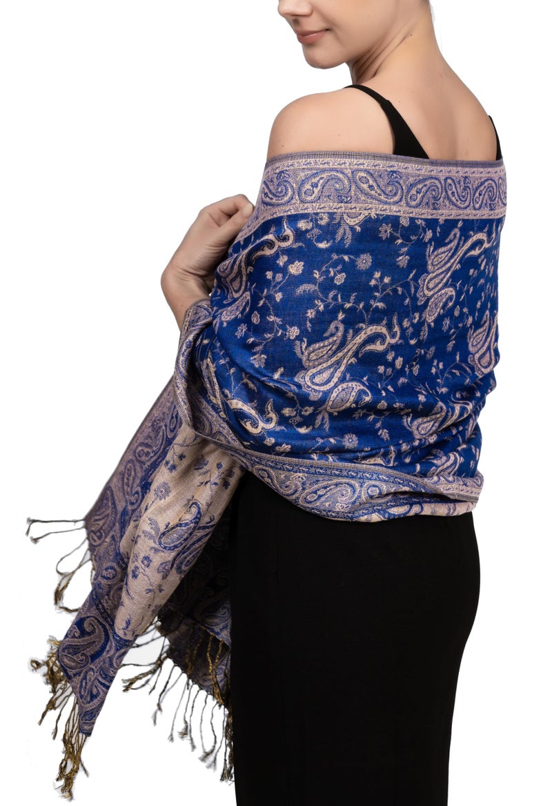 Achillea Soft Silky Reversible Paisley Pashmina Shawl Wrap Scarf w/Fringes (Royal Blue) - Image 2